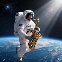 craig mullins and ghibli digital illustration of an astronaut in the middle of the cosmos playing the saxophone, strong contrast, earth, galaxies, ethereal, inviting, bright, raking light from constellations, unreal engine, hyper realism, realistic shading, cinematic composition, realistic render, octane render, detailed textures, photorealistic, wide shot