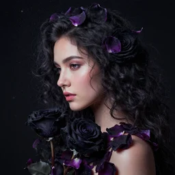 the goddess of flowers by Peter mohrbacher, hyper realistic, octane render, stardust in atmosphere, black and purple rose petals , realistic hair, award winning artwork, trending on artstation, high quality printing, fine art with subtle redshift rendering