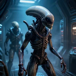 2 8 mm closeup portrait of a wet slimy dripping xenomorph alien in science fiction spaceship hallway, dramatic lighting, octane, blue lights, lens flare, industrial, dirty, trending on artstation, h. r. giger, gustave dore, moebius, mist, mass effect, action, volumetric lighting