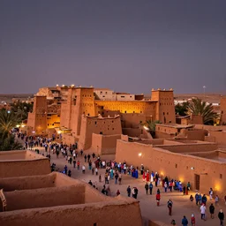 in the middle of a adobe house kasbah town, mud and brick houses, merchant street, pueblo architecture, colorful crowd, festival. Scenic view at night, underexposed, clean horizon, matte painting by raphael lacoste and marc simonetti and craig mullins and christophe vacher, trending on artstation