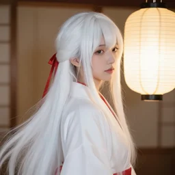 Portrait of a japanese young lady with a long white!!!!!!! long white hair (and a red ribbon), Rim Lighting, Lantern, by Sergey Kolesov