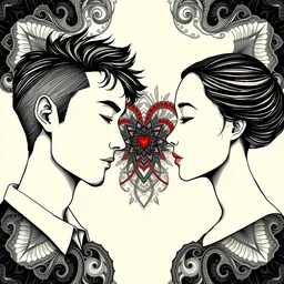 1 px color ink art by junji ito, perfectly centered symmetrical balanced male and female portrait of man and woman in love sharing one heart. high coherence ; fractal geometrical 8 k ultra hd