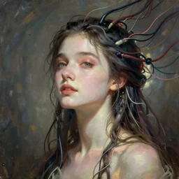beautiful pure evil lain with hundreds of wires coming out of her head, she is in pure bliss, portrait, painting