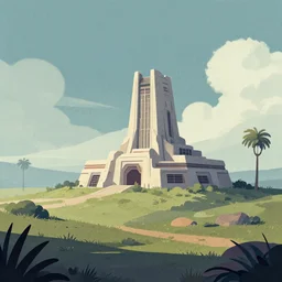 A serene landscape with a singular building in the style of star wars illustrations