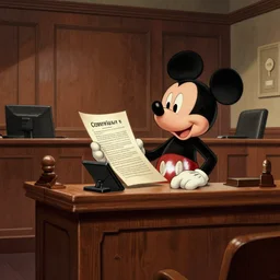 detailed background courtroom sketch of vintage disney character mickey mouse presenting evidence of copyright infringement to the judge bench court room wooden serious dark tone