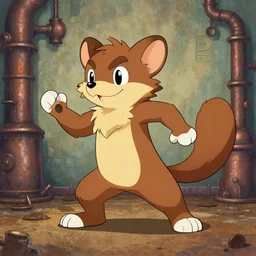 weasel bandit furry fursona animal character, mid - action pose on a painted elaborate industrial background by peder balke, fursona has [ a tail!!! ]