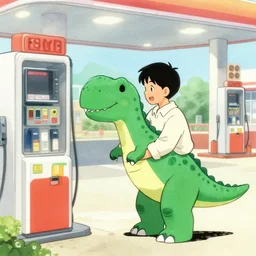 a man inside of a gas station trying to buy a dinosaur, by kentaro miura
