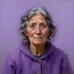 violet split complementary colours, painted portrait of rugged old homeless woman by ruan jia greg rutkowski, unkempt hair, clear face feminine female mature sensual beautiful homeless fantasy intricate elegant detailed digital painting, concept art artstation sharp focus illustration