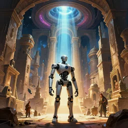 an ai robot character in a big and structured ancient crypt of a fantasy big and structured ancient civilisation city inspired by ancient rome with a portal to outer space 4 k digital art anime unreal engine trending on artstation, max ernst leonardo da vinci, sandro boticelli, vivid lights, god rays