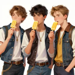 digital painting of three male teens dressed in rockabilly outfits and eating yellow popsicles while looking around