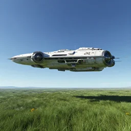 Elite Dangerous style Spaceship carrier hovering over a green grassy field on an alien planet at daylight, blue sky, by John Harris, Federico Pelat, Ivan Aivazovsky, Matte Painting, 4k,