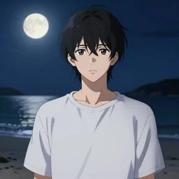 young adult, male, medium length black hair, brown eyes, pale skin, standing on a beach, night, full moon, anime style