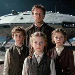 extremely sharply detailed, scan from blockbuster 9 6 k sci fi color movie freeze frame, set 1 8 6 0, family standing in front of crashed spaceship, on alien planet, all wearing 1 8 5 0 s era clothes, atmospheric lighting, in focus, reflective eyes, 9 9 9 9 9 mm macro lens, live action, nice composition and photography, clear facial details
