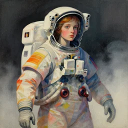 portrait of a young astronaut girl, colorful, modern art deco, mads berg, karolis strautniekas, christopher balaskas, stippled light, fog, moody, fine texture, editorial illustration, dramatic lighting, dynamic composition, detailed, matte print, dynamic perspective, muted color