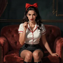 playing a videogame, pin up, front view, digital art, digital painting, photoshop, dark lighting, couch