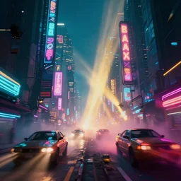 a guatemalan solitary cyberpunk city with neon ads and signs with evocative dramatic mood with blade runner vibe with cars and floating vehicles with motion blur with depth of field with bloom with lightshaft with volumetric lights, fog, by jeremy mann, oscar winning graphics, photo realistic, bloom, imax, dynamic lighting, artstation,