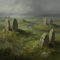 Murky marshes surrounding grassy hillocks, with stone dolmens and crude ruins jutting out of ancient barrows in the mist. A fantasy digital painting by Greg Rutkowski and James Gurney, trending on Artstation, highly detailed