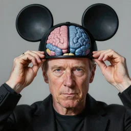 ultra realistic medium close up painting of patrick stewart as professor x, putting on mickey mouse ears hat styled cerebro, art by frank frazetta, 4 k, ultra realistic, highly detailed, epic lighting.