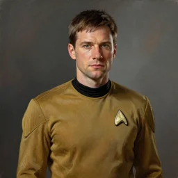A portrait of Nathan Fillion in a starfleet uniform, highly detailed photorealistic, unreal 5, hugh definition,  8k, deviantart, donato giancola, oil painting