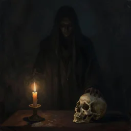 digital art, trending on artstation, a large, looming figure stands in the center of the painting, shrouded in darkness. the only light comes from a small, flickering candle that sits atop a table to the figure's left. on the table is a human skull, its empty eye sockets seeming to stare back at the figure. a sense of foreboding and