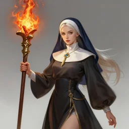 a highly detailed illustration of beautiful platinum blonde nun wielding giant flaming wooden lance, powerful elegant wielding wooden lance pose, perfect face, intricate, elegant, highly detailed, centered, digital painting, artstation, concept art, smooth, sharp focus, league of legends concept art, wlop.