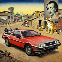 a red delorean and a yellow tiger in ajegunle slum of lagos - nigeria, painting by hsiao - ron cheng, utagawa kunisada & salvador dali, magazine collage style,