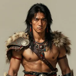medium shot painted portrait, takeshi kaneshiro as a brave tribal king, detailed, concept art by artem priakhin on artstation