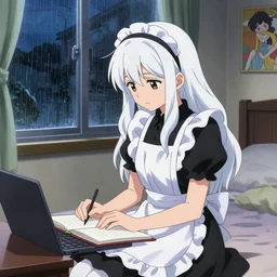 a girl in a maid's outfit in the bedroom typing front the notebook a night, raining outside the window, wavy white long hair, by krenz cushart and mucha and akihito yoshida and makoto shinkai and greg rutkowski, 4 k resolution