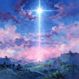 a brilliant magical epic landscape, blue, purple, pink, in the style of james gurney, by rhads, by makoto shinkai