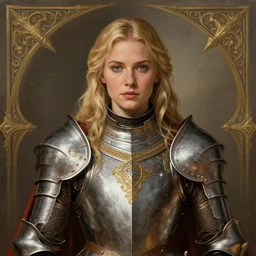 head-on symmetrical centered painted portrait, Elisha Cuthbert as a paladin, blonde hair, ornate heavy plate armour, medieval robes, fantasy, intricate, elegant, highly detailed, smooth, sharp focus, illustration, artstation, in the style of Ross Tran and by Jesper Ejsing and by Mikalojus Konstantinas Ciurlionis
