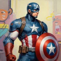 greg manchess portrait painting of heavily armored captain america as overwatch character, totally whack, medium shot, asymmetrical, profile picture, organic painting, sunny day, matte painting, bold shapes, hard edges, street art, trending on artstation, by huang guangjian and gil elvgren and sachin teng