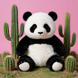 extremely detailed studio portrait of a panda plushie toy in a cactus garden. surreal photograph, lo - fi, polished look, solid background, silly and serious, hermes ad, fashion photography, toiletpaper magazine by pierpaolo ferrari and maurizio cattelan, 3 5 mm photograph, colourful, david lachapelle, canon eos c 3 0 0, 8 k, medium - format - print