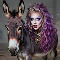a donkey with drag queen makup, fantasy art, in the style of artgerm, illustration, epic, fantasy, intricate, hyper detailed, artstation, concept art, smooth, sharp focus, ray tracing, vibrant, photorealistic