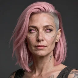 middle aged woman ; muted pink shoulder length shaved side ; grey skin ; muted pink eyes ; face tattoos lines ; alchemist ; portrait ; trending on artstation ; cinematic ; high detail ; digital art