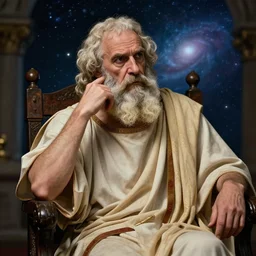 hyperrealistic semi - close up photo made by professional photograph of a philosopher in the old times with a toga and long beard sitting on the chair thinking deeply about life, universe and everything, intricate details, photoshop edited, instagram filter, improved lighting, cinematic shot, vfx, movie, netflix, hdr