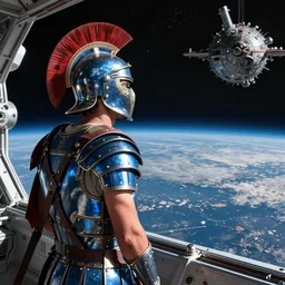 a greek hoplite in a  blue armour looking out at the horizon of a planet from a space station in orbit, sci-fi, high detail, light reflections,  matte painting, style by jaques louis david, 8k, octane render, volumetric, vivid, beautiful, hyperrealism”