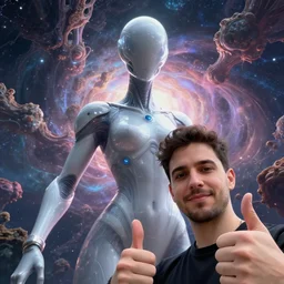 offset portrait. subject in bottom right corner looking at viewer. giving a thumbs up to the camera. smartphone photo. instagram. interdimensional cosmic traveler takes a selfie in front of a bizarre exotic anomaly. futuristic alien smooth exosuit designed by. octane cg render, hdr, volumetric. artgerm, beeple.