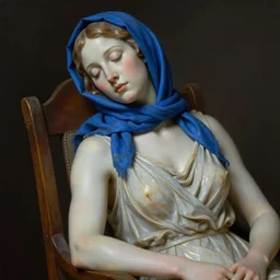A beautiful sculpture of a lady with a blue scarf on her head, sitting in a chair with her eyes closed. tilted frame by Noah Bradley, by Paul Gustav Fischer, by Bayard Wu