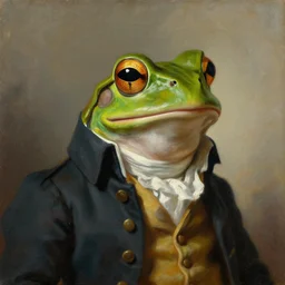 an oil painting of an anthropomorphic frog wearing a colonial frock jacket looking off camera, head and shoulders portrait, oil on canvas, neoclassicism, visible brushstrokes, soft focus
