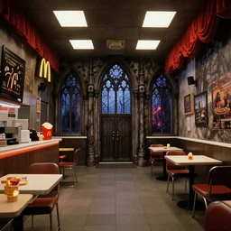 interior of a mcdonald's in the style of gothic, circa 1 9 9 9, hyper detailed, 8 k