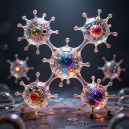 quantum connections represented as symbiotic organisms like cells playing around with colorful lights by ernst haeckel, transparent
