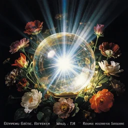 occult orb surrounded by flowers. reflection and dispersion materials. rays and dispersion of light. volumetric light. f / 3 2. noise film photo. flash photography. ultra realistic, wide, poster by otto marseus van schriek rachel ruysch christian rex van minnen, dutch golden age, wayne barlowe, mike winkelmann, craig mullins