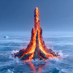 frozen ocean with a spire spewing lava on its sides, by peter mohrbacher dan mumford craig mullins nekro, cgsociety, pixiv, volumetric light, 3 d render