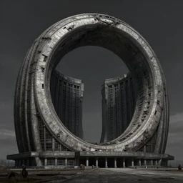 matte painting of the exterior view of ring - shaped building. brutalist soviet architecture. dark horror fantasy. fantastical, detailed digital art trending in artstation