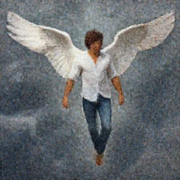 handsome male angel, Indian ethnicity. Smooth brown, hair in a ponytail. Shirt, jeans and barefoot. Angel flying in a stormy sky. Distant full-body view. Digital painting, concept art, smooth, sharp focus, illustration, by Ruan Jia and Mandy Jurgens and Artgerm and William-Adolphe Bouguereau