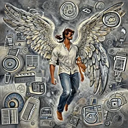 handsome male angel, Indian ethnicity. Smooth brown, hair in a ponytail. Shirt, jeans and barefoot. Angel flying in a stormy sky. Distant full-body view. Digital painting, concept art, smooth, sharp focus, illustration, by Ruan Jia and Mandy Jurgens and Artgerm and William-Adolphe Bouguereau