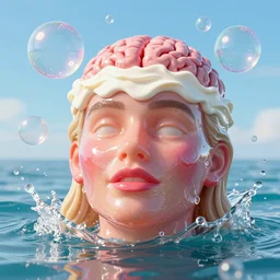 a funny sculpture of a 3 d margot robbie squashed human head made from juicy jelly wrapped in cling film with ice cream spread on it on ocean water, funny face, brain, giant bubbles, 3 d objects, realistic water splashes, water art, vibrant, in the style of mike campau, cg render, ray tracing, 8 k resolution, sharp