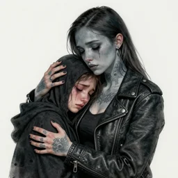 Hot young woman, grey skin, void eyeballs, tattoos, wearing a leather jacket, hugging a shrouded person as they cry on her chest, comforting, touching, wholesome, digital art, concept art, watercolour, big sister, little brother, realistic 4k