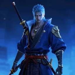 mephisto ( 1 8 9 5 ) in cyberpunk samurai style a blue colors