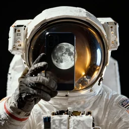 extremely detailed studio portrait of space astronaut, holds a smart phone in one hand, phone!! held up to visor, reflection of phone in visor, moon, extreme close shot, soft light, golden glow, award winning photo by diane arbus